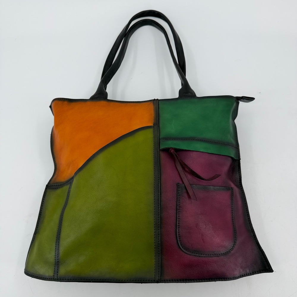 IVTG Leather Colorblock Tote Bag Multi Color Green Orange Purple Zip Top Large